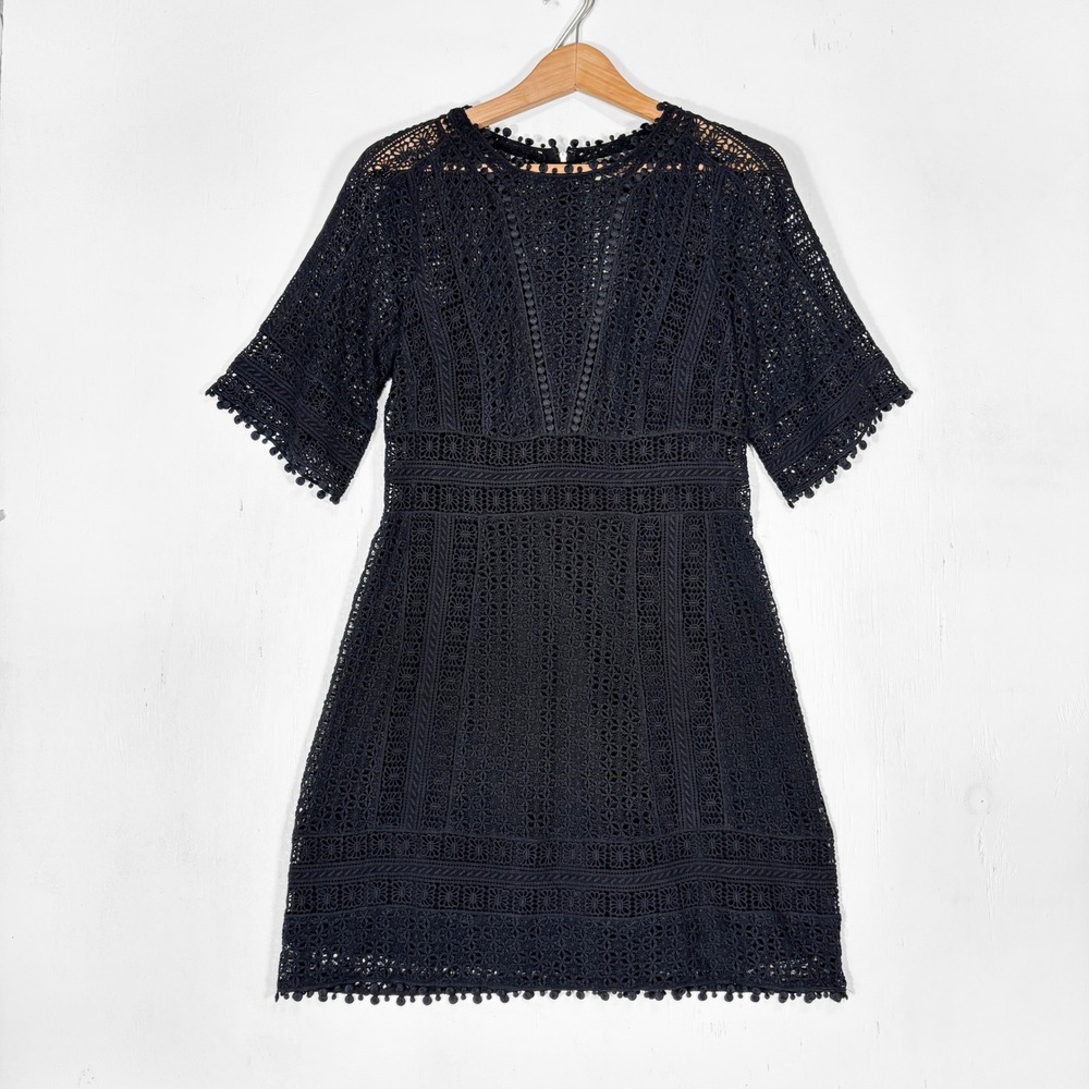 Rebecca Taylor Black crochet Eyelet Pom Pom Trim Dress Size 4 with Slip